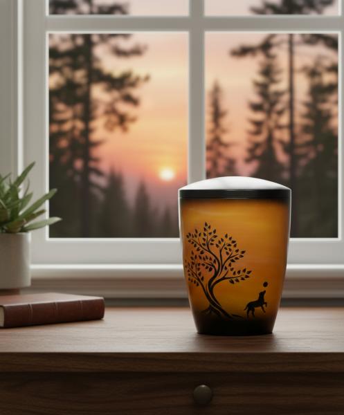 Warm, orange pet urn with dog and tree at sunset. A loving symbol of the shared time full of joy and play. Honour your pet's memory beautifully – see the options and order.